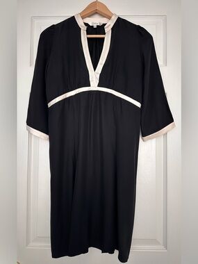 Fluet Los Angeles 100% Silk Midi Dress Black Ivory Trim V-Neck Size 4